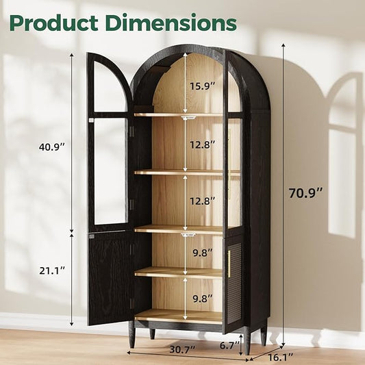 71" Arched Storage Cabinet, 5-Tier Modern Arched Cabinet with Glass Doors, Tall Arched Cabinet Adjustable for Living Room, Dining Room Office, Black