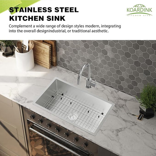 Kitchen Sink, 30x18 Inch Stainless Steel Drop In Kitchen Sink Modern Undermount Single Bowl Kitchen Sink Gift Combo-SS Grid,Silicon Mat,Drain Strainer Set Compatibility With Various Kitchen