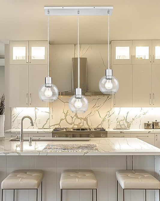 LMS Brushed Nickel Dining Room Light Fixture, 3-Light Clear Globe Glass Island Lights, Farmhouse Linear Chandeliers for Kitchen Island Pendant Light Fixtures, LMS-122SPL-BN3