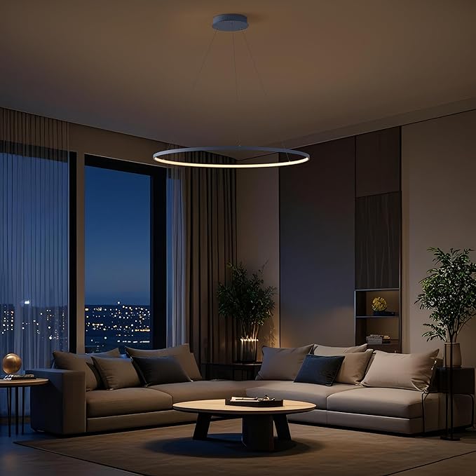JONATHAN Y 35" Blue Modern Integrated LED Pendant Light, Dimmable Round Hoop Chandelier for Kitchen Island, Dining Room, Adjustable Height Metal Hanging Light (JYL7220D)