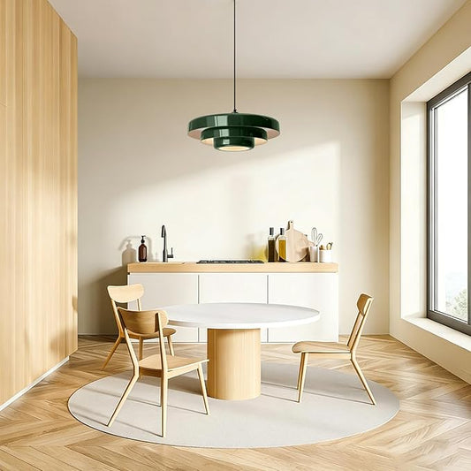 Plug-in Green Pendant Light, Mid Century Hanging Lamp Fixtures with Pulley and Plug in Cord 3-Layer Shade Nordic Style Pendant Lighting Metal Shade for Living Room Dining Room Bedroom Kitchen Island