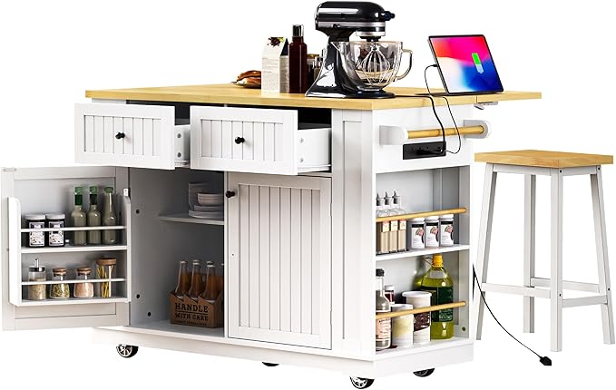Ball & Cast 48" Large Kitchen Island with Power Outlet and Adjustable Shelf,Rolling Kitchen Cart on 5 Wheels W/Drop Leaf & 5 Open Side Racks,Kitchen Storage Cart for Dining Room,White,48"