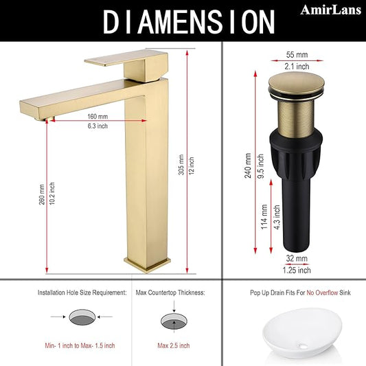 Brushed Gold Vessel Sink Faucet, Gold Bathroom Faucet Single Hole, Single Handle Tall Bathroom Sink Faucet with Pop Up Drain, AML-11411-BG