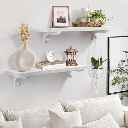 Wooden Floating Shelves for Wall, 22.6" W x 6" D x 0.8" H Large Wall Shelves, Hanging Storage Shelf with Hooks for Living Room, Kitchen, Bathroom, Bedroom Decor, White, 2 Packs