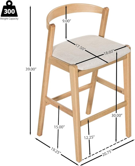 Set of 2 Bar Stools, Solid Rubber Wood Frame with Beige Polyester Cushion, Ergonomic Backrest & Smooth Lines, Modern Kitchen Island Chairs for Dining Room (Natural)