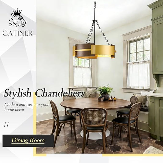 CATINER Modern Industrial Chandelier, Gold Metal 6-Light Drum Hanging Fixture 24" Pendant Lighting for Living Dining Room Foyer Entryway Kitchen, Walnut Grain Finish