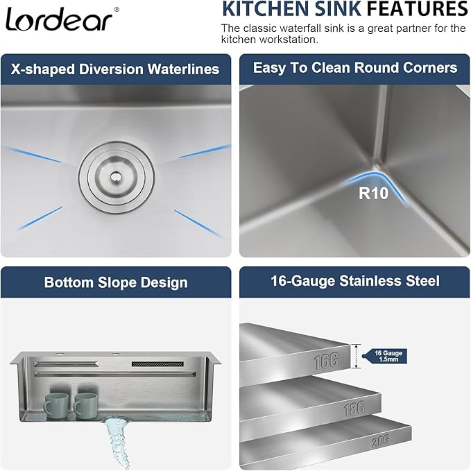 Lordear 31 Drop Kitchen Sink with Faucet Combo 31"x20" Waterfall Kitchen Sink Workstation Stainless Steel 16 Gauge Single Bowl Topmount Handmade Sinks with Pull Out Faucet