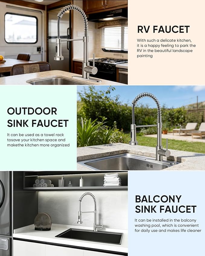 OWOFAN Kitchen Faucet with Pull Down Sprayer Industrial 1 Handle 1 Hole Or 3 Hole Faucet for Farmhouse Camper Laundry Utility Rv Wet Bar Sinks Stainless Steel Brushed Nickel