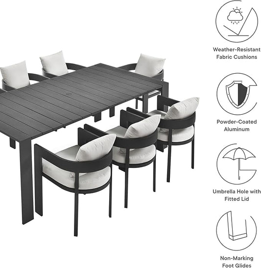 Modway Tahoe Outdoor Patio Powder-Coated Aluminum 9-Piece Dining Set in Gray White - Rectangular Patio Furniture Set for 8 - Outside Table with Umbrella Hole and Cushioned Chairs - Modern Patio Set