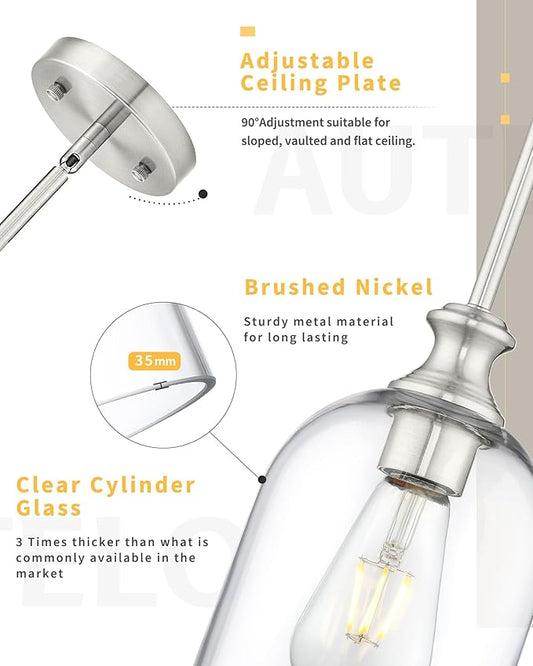 AUTELO 2 Pack Brushed Nickel Pendant Lights, Glass Pendant Lights Kitchen Island with Clear Cylinder Glass, Industrial Pendant Lighting with Adjustable Rods, H2511 CLST 2PK