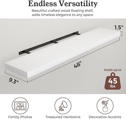 Floating Shelves for Wall, 9.3" Deep Wall Mounted Wood Shelves for Bathroom, Bedroom (White, 48)