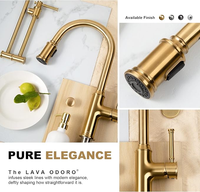 Lava Odoro Curtura Brushed Bronze Kitchen Faucet with Pull Down Sprayer, Gold Kitchen Sink Faucet with Magnetic Docking Spray 3-Function, Faucet for Kitchen Sink 1 Hole and 3 Hole, KF421-BB-M