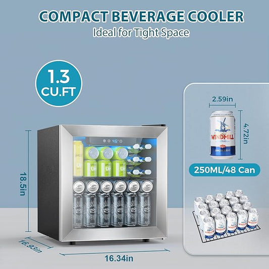 Electactic 48 Can Beverage Refrigerator,12 Bottle Wine Cooler with Stainless Steel Glass Door, Digital Temperature Display, Countertop Mini Fridge for Soda, Wine or Beer, Silver