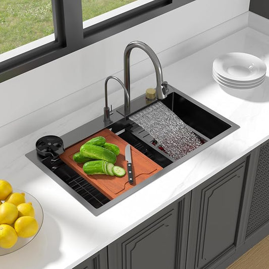 Lordear 33 Watefall Kitchen Sink Drop In - 33x19X9 Sink Stainless Steel 16 Gauge Single Bowl Multifunctional Workstation Sinks with Built-in Accessories,Glass Rinser and Faucet Included