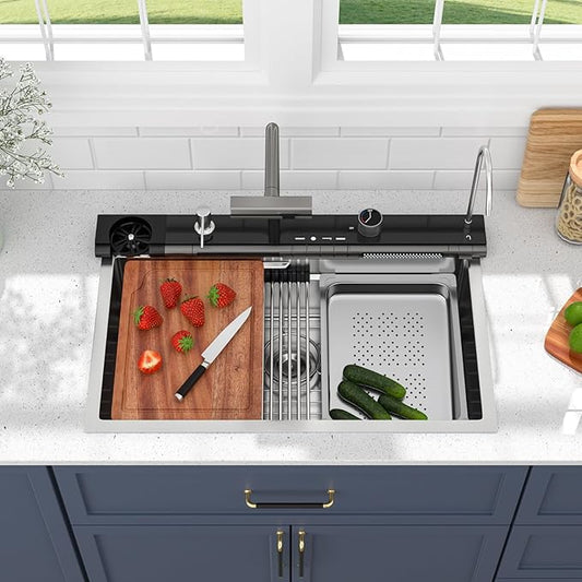 30 Inch Smart Waterfall Kitchen Sink - Beslend 30x19 Stainless Steel Drop In Waterfall Sink Topmount Workstation 16 Gauge Modern Sinks Single Bowl with Faucet, Cup Washer and Digital Display