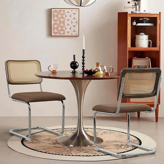Linen Dining Chair Set of 6 Arched Rattan Square Back Stainless Chrome Base Upholstered Side Chair for Dining Room, Kitchen Island,Coffee
