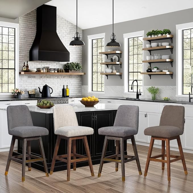 Armen Living Amalie Modern Farmhouse 26" Seat Height Swivel Bar Stool for Kitchen Island Counter in Brown Oak Wood with Beige Fabric