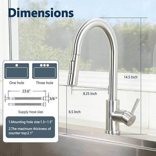 HOTIS Kitchen Sink Faucet Brushed Nickel with Pull Down Sprayer, Single Hole Stainless Steel Bar Faucet, 360° Swivel Pull Out Sink Faucets for Kitchen, Laundry & Bar Sinks, HT-KBD101L