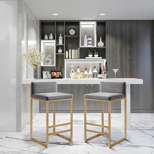 Velvet Stools with Low Back Mid-Century Upholstered Armless Chairs for Kitchen Island Home Pub Grey + Gold Sitting Height 65cm (Grey + Gold 29.5in)