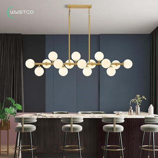 56 Inch Brass Gold Linear Chandeliers for Dining Room, Kitchen Island, Living Room, 16-Light Mid Century Modern Light Fixture Over Table, Large White Glass Globe Sputnik Bubble Chandelier
