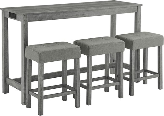 LKTART Kitchen Bar Table and Chairs Set, 4 Piece Bar Height Dining Table Set with Power Outlet and 3 Upholstered Stools Industrial Breakfast Nook, Small Space Living Room, Gray