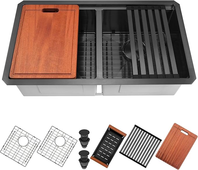 Black Undermount Kitchen Sink 30 x 18 Inch, 50/50 Double Bowl Kitchen Sinks, 16 Gauge Stainless Steel Workstation Sink with Ledge & Accessories, 30" x 18"x 10" Large and Deep Double Sink