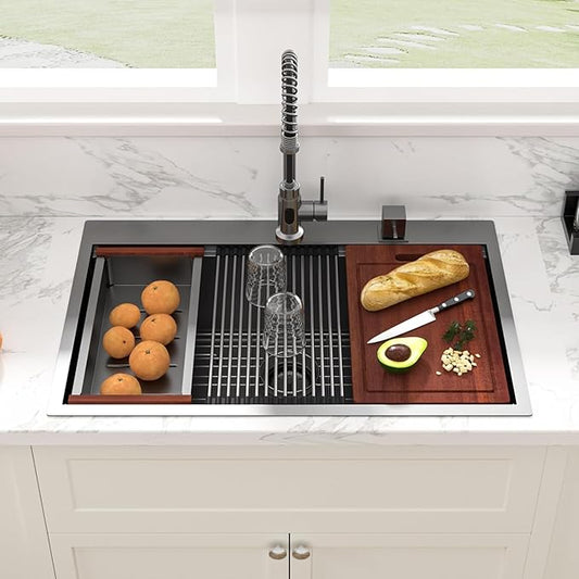 Sarlai 33 Inch Black Drop In Kitchen Sink Workstation - 33x19 Drop In Kitchen Sink Black Stainless Steel Topmount Workstation Sink 16 Gauge Deep Single Bowl Top-mount Kitchen Sink