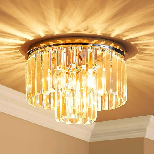 AGV LIGHTING CL006S Crystal Ceiling Light Fixture, Modern Semi Flush Ceiling Light, D12 x H8, E12 Base 3-Lights, Chrome Finish