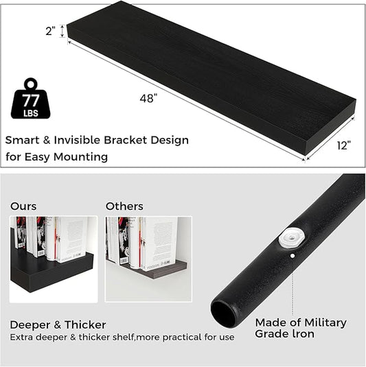 Venusmiles Floating Shelves for Wall, 48 Inch Wide x 12 Inch Deep Floating Shelves, Long Wood Floating Wall Shelf Shelves for Living Room Bathroom Bedroom Kitchen Home - (Black, 48" W x 12" D x 2" H)