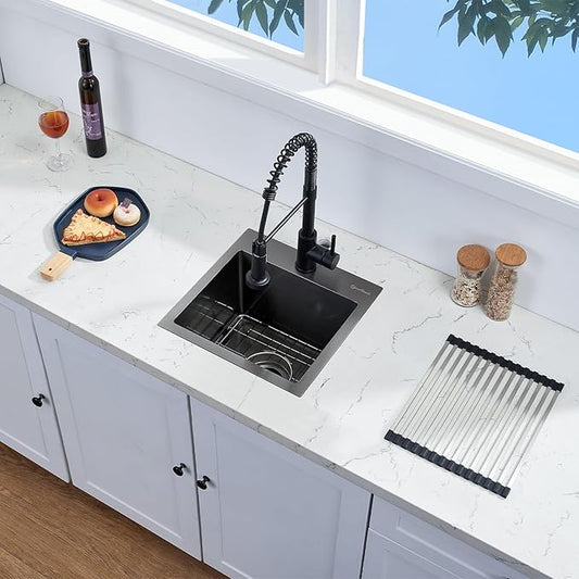 Drop In Kitchen Sink, 15 x 15 Inch Single Bowl Topmount Bar Prep Sink 16 Gauge T-304 Stainless Steel Gunmetal Black Kitchen Sinks