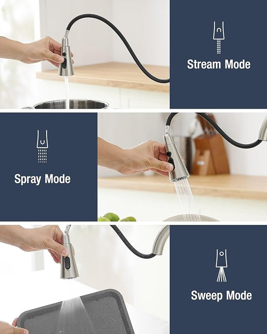 AIMADI Kitchen Faucet with Pull Down Sprayer โ High Arc 360ยฐ Swivel Brushed Nickel Stainless Steel Kitchen Sink Faucet, 3-Mode Spray Head, Suitable for Farmhouse Modern Laundry Rv Bar