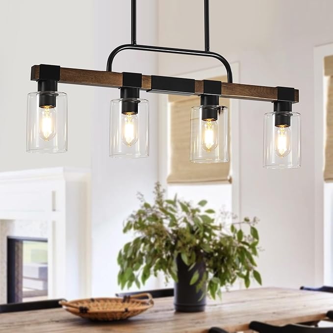 Farmhouse Dining Room Light Fixtures Over Table,Rustic Ceiling Pendant Lights Kitchen Island,4-Light Wood Kitchen Island Lighting Linear Chandelier with Clear Glass lampshade