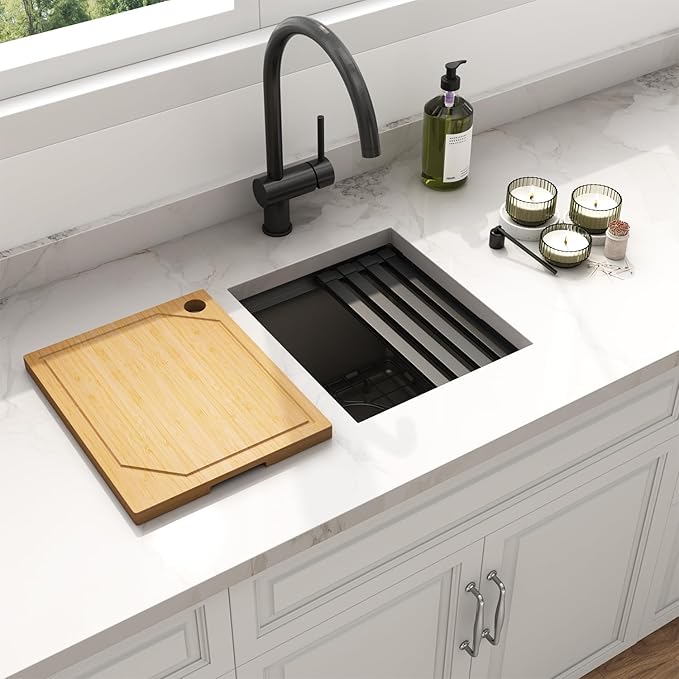 LQS Undermount Wet Bar Sink Black, Undermount Bar Sink Stainless Steel 13" x 15", Small 10" Deep Single Bowl Kitchen Sinks, Smart Workstation Ledge With Cutting Board For RV, Outdoor and Prep Use