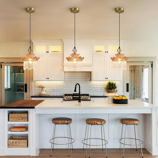 Brass Vintage Glass Pendant Light Amber Glass Tassel Chandelier,Adjustable Height Pendant Lights for Dining Room Kitchen Island Bedroom Hallway