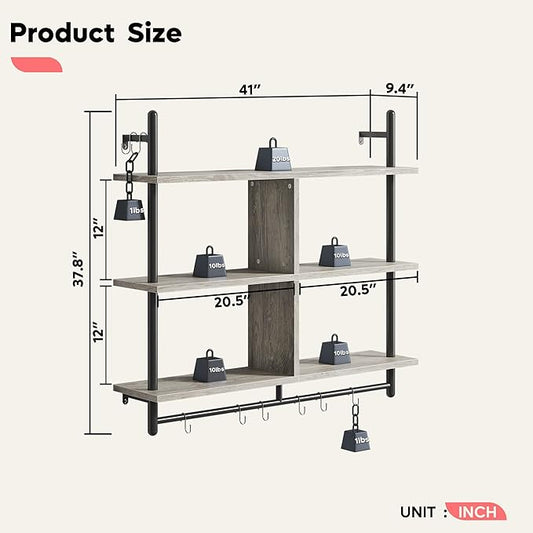 Bestier 41" Floating Kitchen Shelves Wall Mounted 3 Tier Coffee Bar Mug Shelf Hanging with 8 Hooks Display Plant Pipe Shelving for Living Room Kitchen Bathroom Balcony, Retro Grey