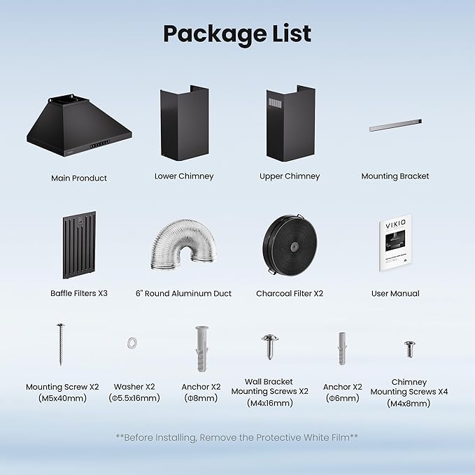 VIKIO HOME Wall Mount 36 Inch Range Hood 900 CFM, Ductless/Ducted Convertible, 3-speed Gesture Sensing & Touch Control, Black Painted Stainless Steel Vent Kitchen Hood with Permanent Baffle Filters