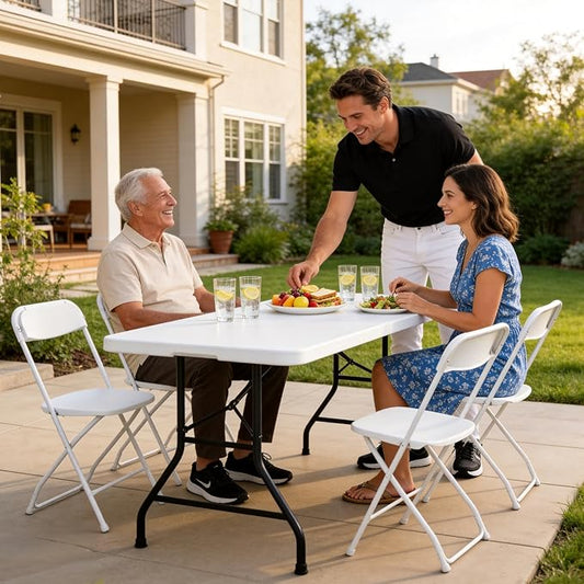 6 Pack White Plastic Folding Chairs, Outdoor Portable Folding Chair with Steel Frame, 350lbs Capacity Stackable Foldable Chairs for Patio, Garden, Picnic, Kitchen, Events