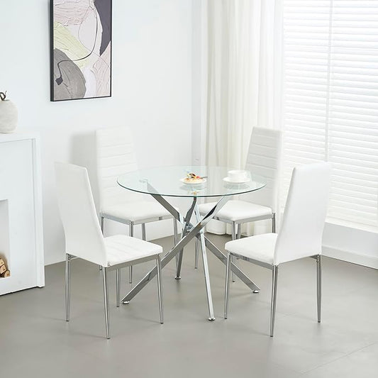 Round Glass Dining Table,Glass Dining Room Table with Metal Legs, Modern Glass Kitchen Table for Home, Kitchen, Dining Room