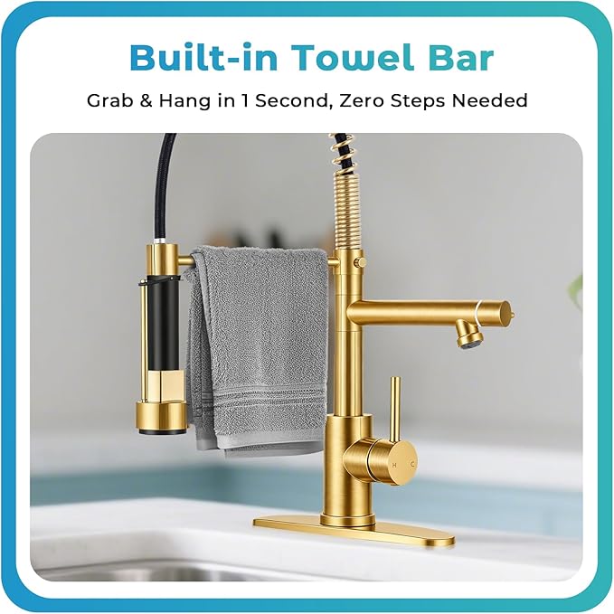 Kitchen Faucet with Pull Down Sprayer - Brushed Gold Single Handle Commercial Kitchen Faucets, 2-Spout Kitchen Sink Faucet, Stainless Steel Spring Pull Out Sink Faucet 1/3 Hole