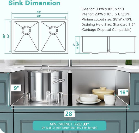 Rhbamoa 30 Inch Undermount Double Sink,16-Gauge T304 Stainless Steel Kitchen Sink 30'' x 18'',50/50 Double Bowl Kitchen Sinks Undermount with Accessories,9 Inch Deep Sinks with Brushed Finish