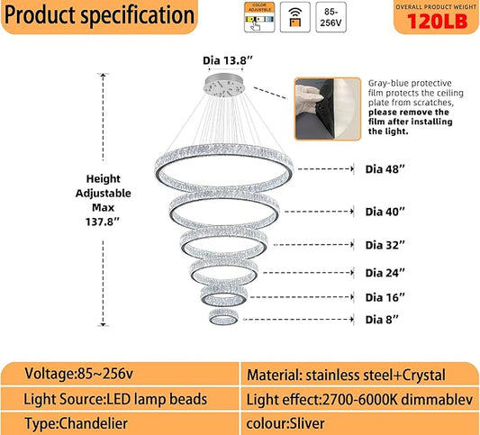 Extra Large 6 Ring Crystal Chandelier Modern LED Long Crystal Chandelier for High Ceiling Height Adjustable D8+15.7"+23.6"+31.5"+39.4"+47.5" Dimmable 2700K-6000K