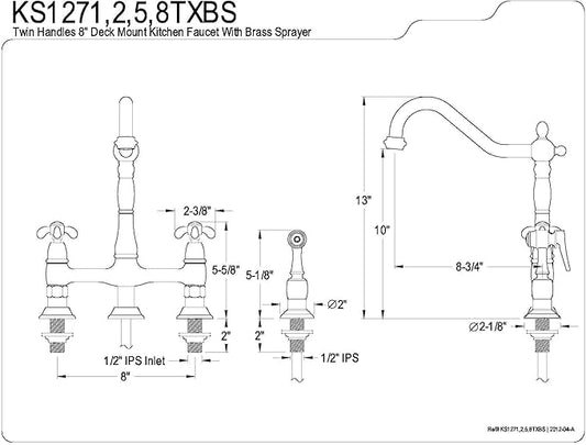 Kingston Brass KS1278TXBS French Country Bridge Kitchen Faucet with Brass Sprayer, Brushed Nickel