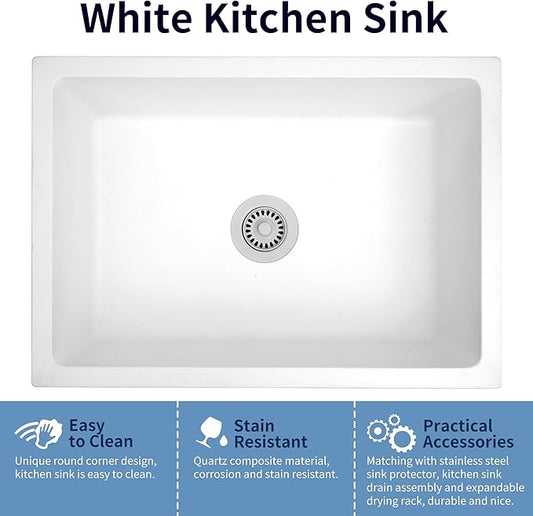 White Kitchen Sink, White Granite Composite Kitchen Sink, 27 Inch Undermount Quartz Stone Kitchen Sinks, 27" x 18" x 9" Single Bowl Kitchen Sinks With Accessories