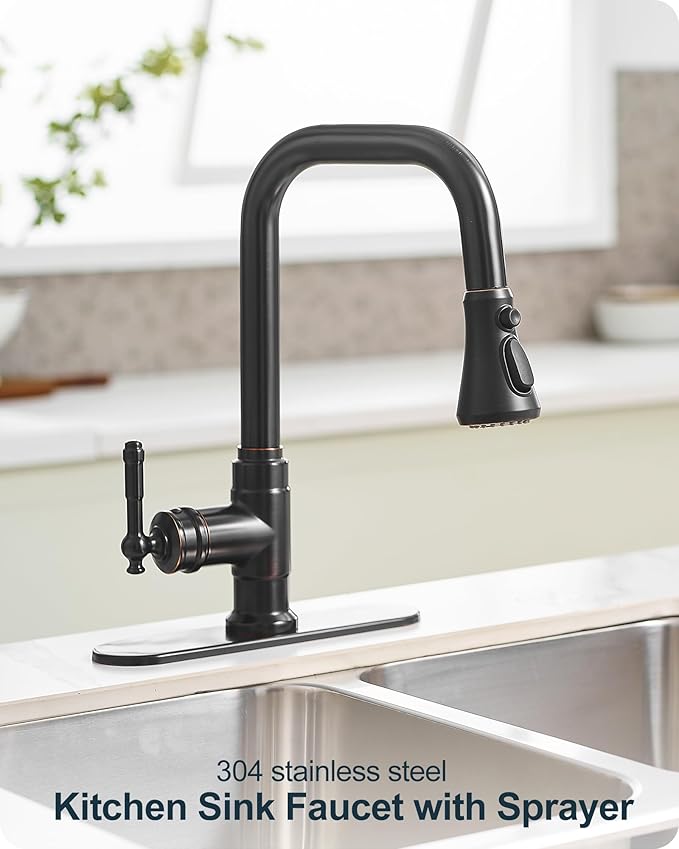 3 Modes Oil Rubbed Bronze Kitchen Faucet with Pull Down Sprayer, 360 Degree Swivel Kitchen Sink Faucets Suit 1 Hole or 3 Hole Include Deck Plate & Hoses