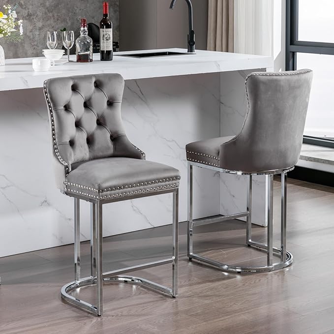 26" Counter Height Bar Stools Set of 2, Gray Velvet Upholstered Kitchen Island Chairs with Button Back, Rivet Trim, Sturdy Chromed Metal Base, Ergonomic High Back for Dining Room