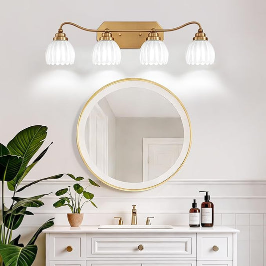 Vintage Bathroom Light Fixtures, Gold Bathroom Vanity Light, Matte Antique Brass Finish with Crystal Glass Shade, Wall Sconces Lighting for Bedroom, Living Room, Hallway (Milk White, 4-Light)