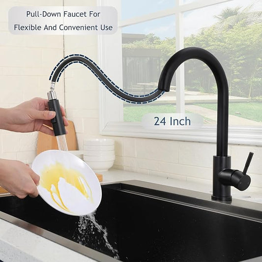Hotis Black Kitchen Faucet with Pull Down Sprayer, High Arc Stainless Steel Sink Faucet, Single Handle Bar Faucet Black, Commercial Farmhouse RV Bar Sink Faucet, HT-KBD101B