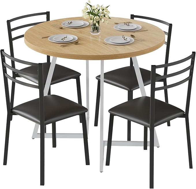 VECELO Round Dining Table Set for 4, Wood Tabletop & Heavy-Duty Steel Frame, 8-Piece Dinette with Chairs for Kitchen, Breakfast Nook, Natural & White