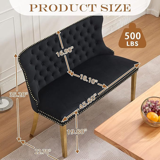 45.6in Upholstered Dining Bench, Mid-Century Modern Kitchen Room Bench with Tufted Back and Metal Legs, Velvet Small Sofa Couch Bench, Black