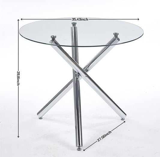 SSLine 35.4" Round Glass Dining Table for 2-4 Modern Circle Glass Tabletop Kitchen Table for 4 Luxury Dinner Tables with Silver Metal Legs for Home Kitchen Dining Room(Table Only)
